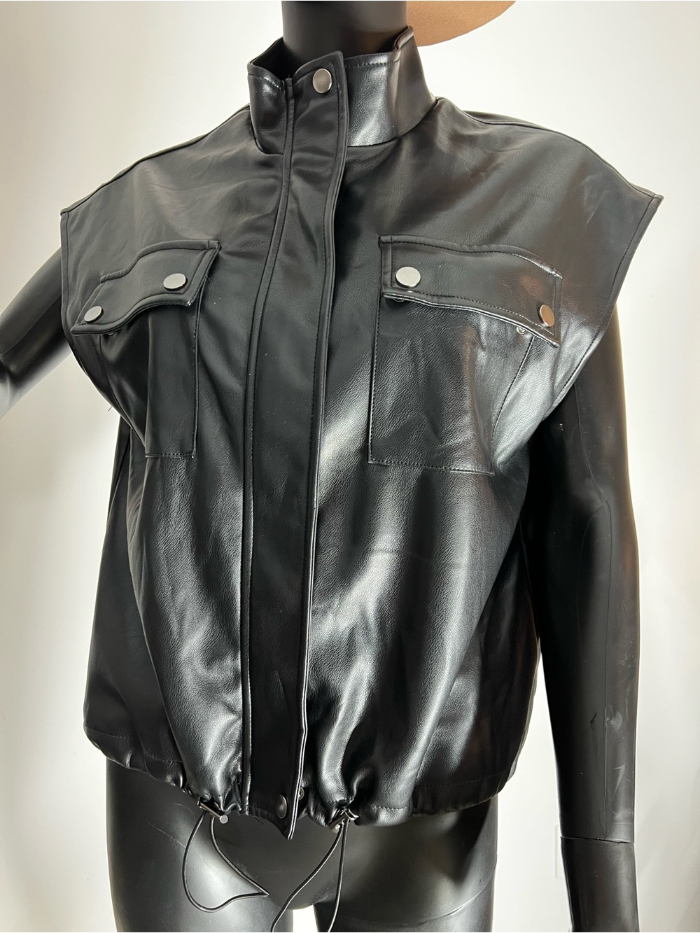 Black Faux Leather Sleeveless Zip-Front Jacket